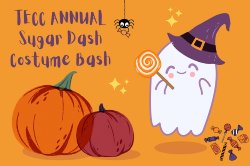 cute graphic of little ghost with candy and pumpkins tecc annual sugar dash costume bash
